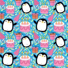 Cartoon birthday seamless penguin and cake pattern for wrapping paper © Tetiana