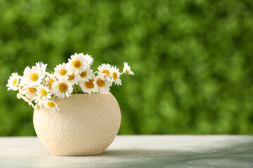 Vase with beautiful chamomile flowers on white table outdoors
