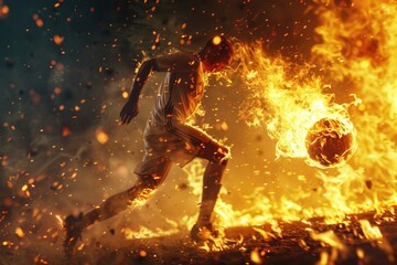 A person kicking a burning soccer ball in a dramatic scene
