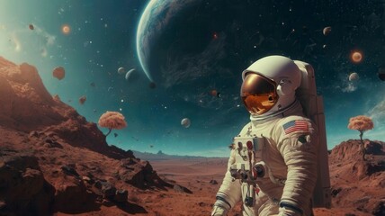 Wallpaper with a retro futuristic sci-fi theme. Astronaut and astronauts exploring planets in outer space. Generative Image