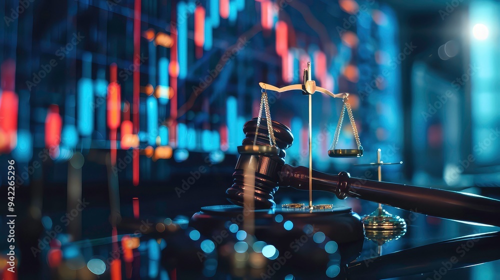 Poster gavel and scales of justice on a table in front of a blurred background of stock charts.
