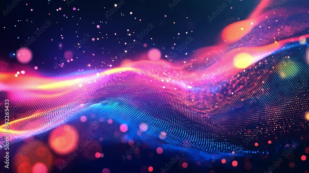 Poster a dynamic display of colorful lights and waves, creating a mesmerizing visual experience reminiscent