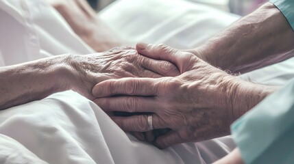 Two hands, one young, one old, clasped together in a gesture of comfort and care.