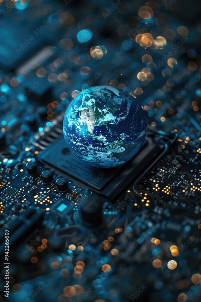 Leinwandbilder a close-up shot of a computer motherboard with a globe on top, great for technology and innovation c