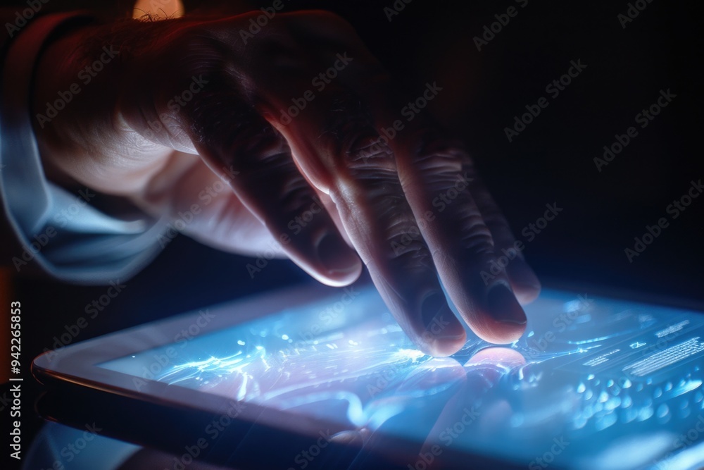 Poster a person's hand touches the screen of a tablet computer, with fingers hovering over the display