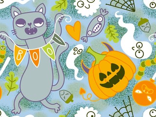 Halloween animals seamless cats and pumpkins pattern for wrapping paper