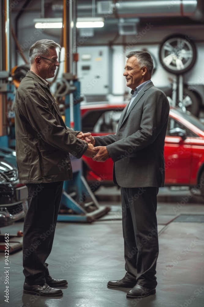 Poster two individuals exchanging greetings in a garage setting