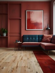 Worn effect wall in pastel red and deep red in a modern living room with light wooden floor and large window