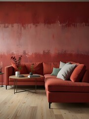Worn effect wall in pastel red and deep red in a modern living room with light wooden floor and large window