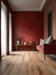 Fototapeta premium Worn effect wall in pastel red and deep red in a modern living room with light wooden floor and large window