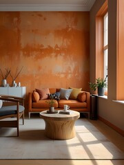 Worn effect wall in pastel orange and deep orange in a modern living room with light wooden floor and large window