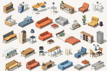 A collection of modern furniture and decorative items for a cozy living room