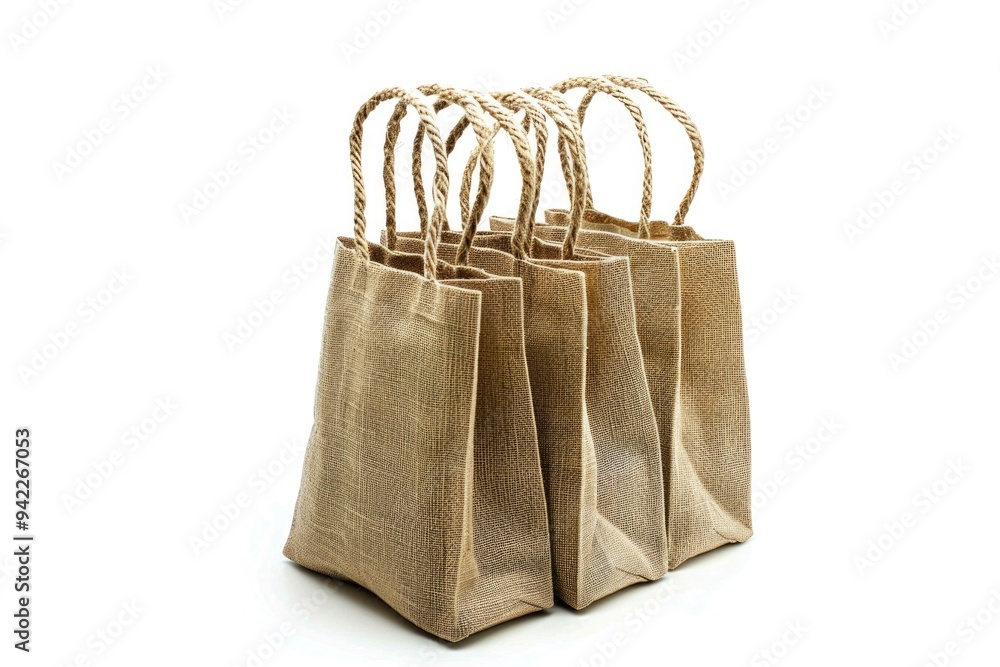 Poster three jute bags with rope handles on a white surface, suitable for rustic or bohemian themed project