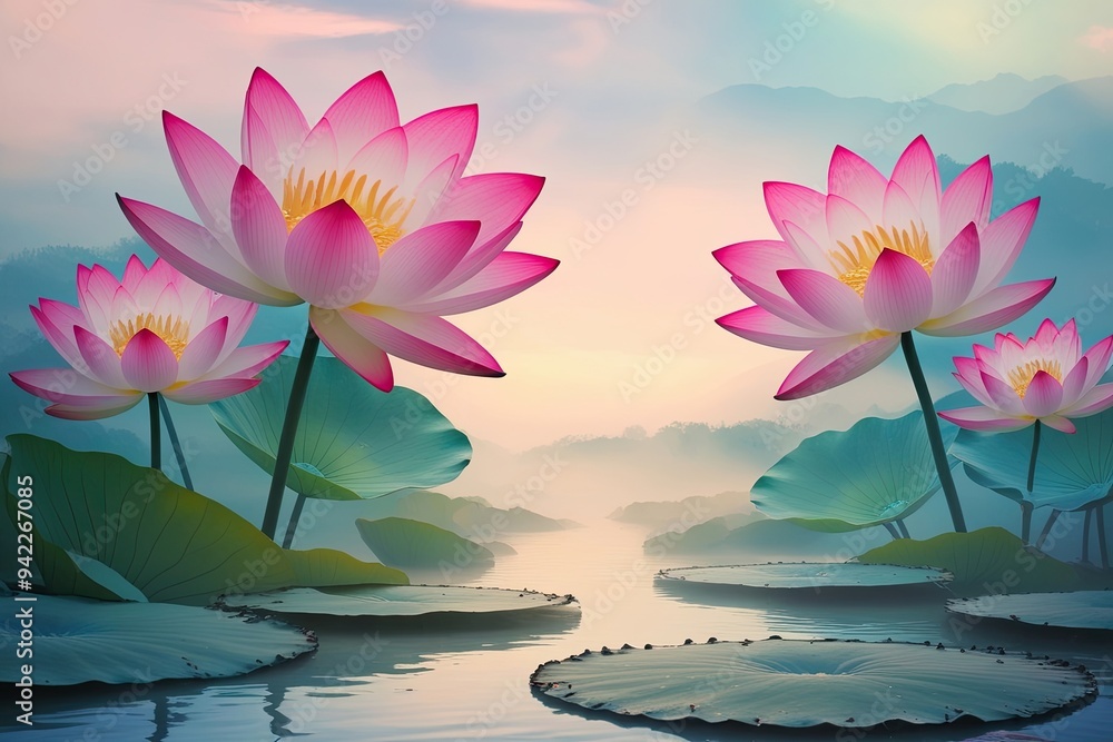 Poster vivid haze overlay effect with lotus blooms and tranquil streams in a calming airy background