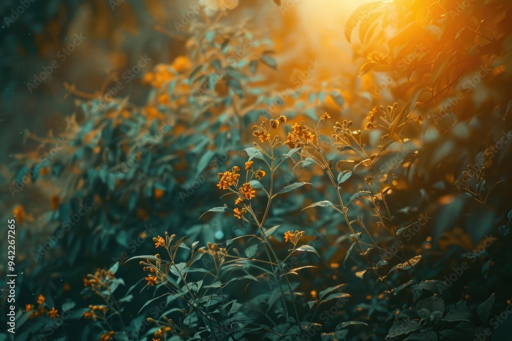 Poster a warm sunbeam filters through the leaves of a bush, creating dappled shadows and highlights