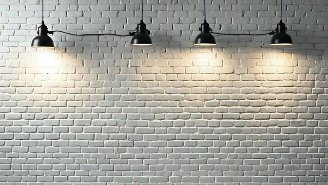 White brick wall with four black industrial lights hanging overhead.