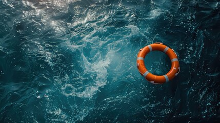 An orange life preserver floats in dark blue water with sparkling sunlight reflecting on the surface.