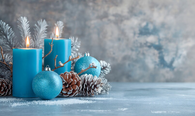 elegant Christmas decor with blue candles and ornaments, ideal for festive event invitations, or adding a touch of sophistication to holiday social media content,copy space