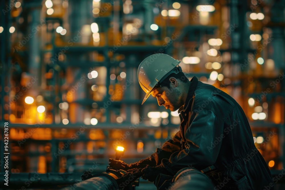 Poster a construction worker sits on a pipe with a hard hat on, conveying a sense of safety and caution