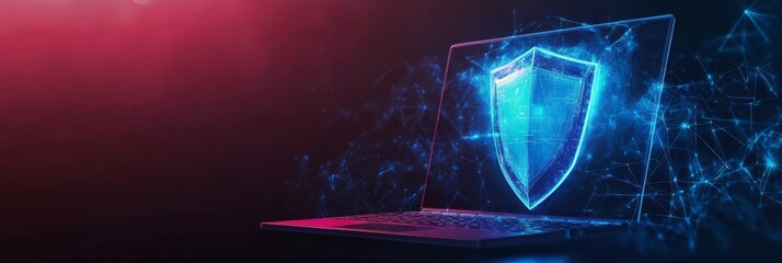 An abstract representation of cybersecurity featuring a laptop and a blue futuristic shield, symbolizing protection and digital security vital in todays world of constant online threats