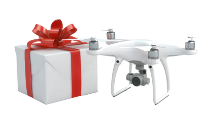 A drone is delivering a Christmas present wrapped in festive colors