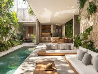 Exquisite bali villa with outdoor pool, modern design, and lush tropical surroundings © Mikhail Vorobev