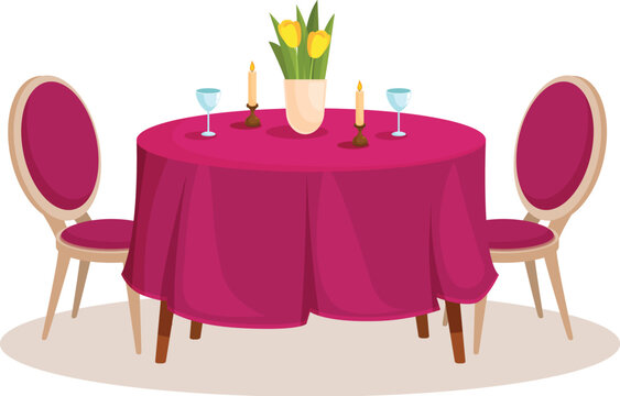Round table set for romantic dinner date with burning candles and flower bouquet in vase