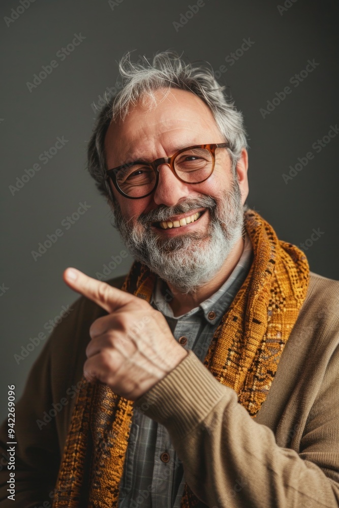Aufkleber A person wearing glasses and a scarf points at something, possibly a direction or an object