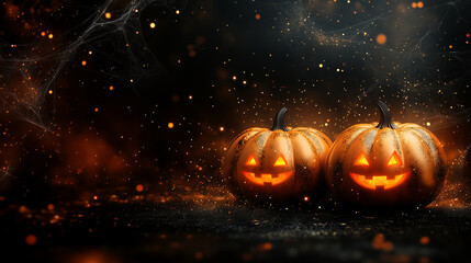 Glowing Jack-o'-lanterns with spider webs on dark background, Halloween backdrop