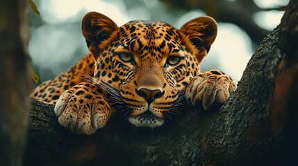Leopard resting gracefully on a tree branch ideal for highlighting the serene elegance of wild felines