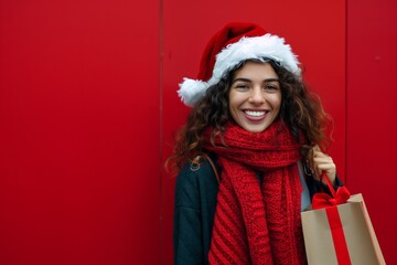 Fototapeta premium In a lively and colorful environment, a cheerful young lady dons a Santa hat, smiling happily while holding a gift bag in front of a bright red background, embodying the festive holiday mood