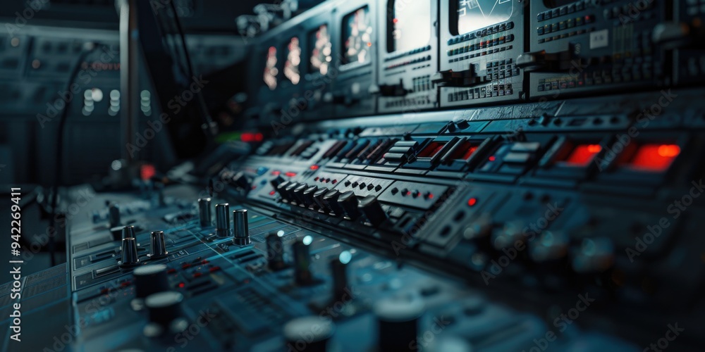 Poster a detailed view of a control panel in a room, ideal for use in interior design or technology-themed 
