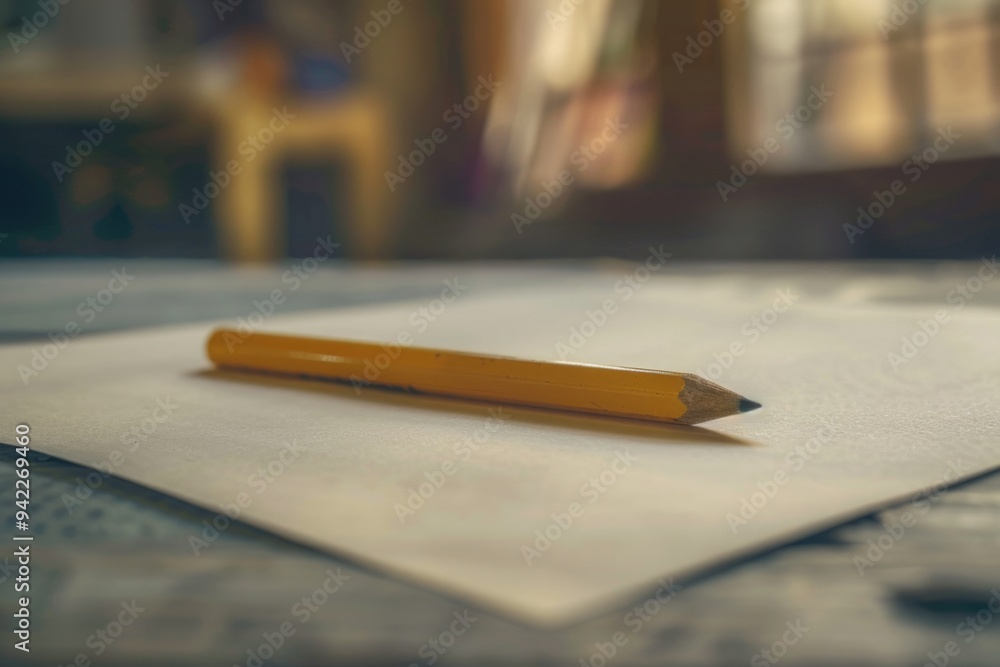 Poster a single pencil sits on top of a blank sheet of paper, ready for use