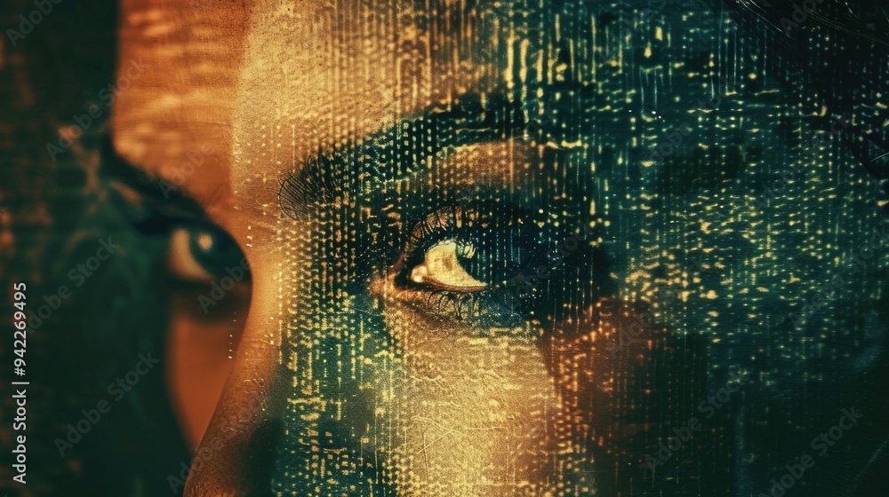 Poster a close-up view of a person's face on a digital background, perfect for technology or innovation the