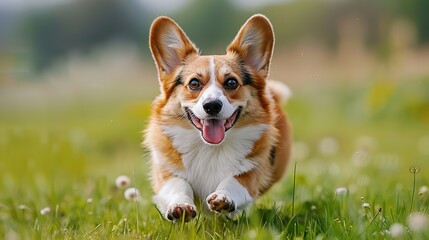 Happy dog dashing through a field of tall green grass picture