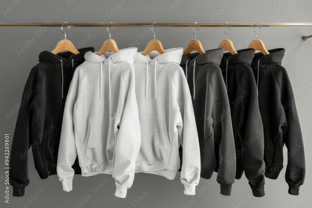 Poster A collection of hoodies in various sizes and styles, displayed on a rail for easy viewing