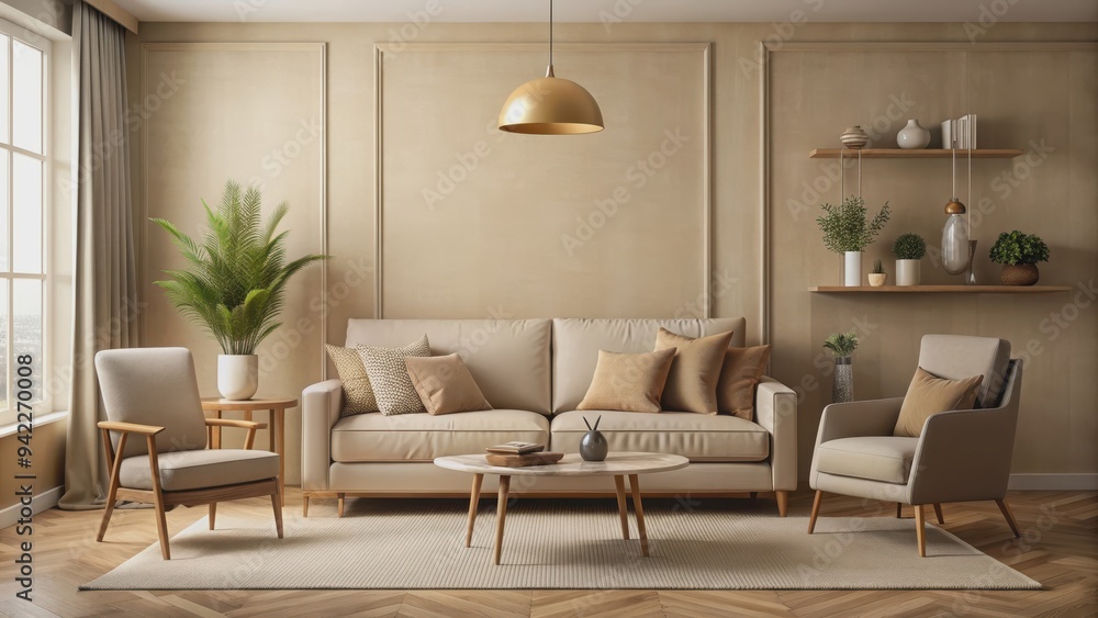 Wall mural cozy interior with beige sofa and chair in a room , beige, interior, room, cozy, comfortable, furnit