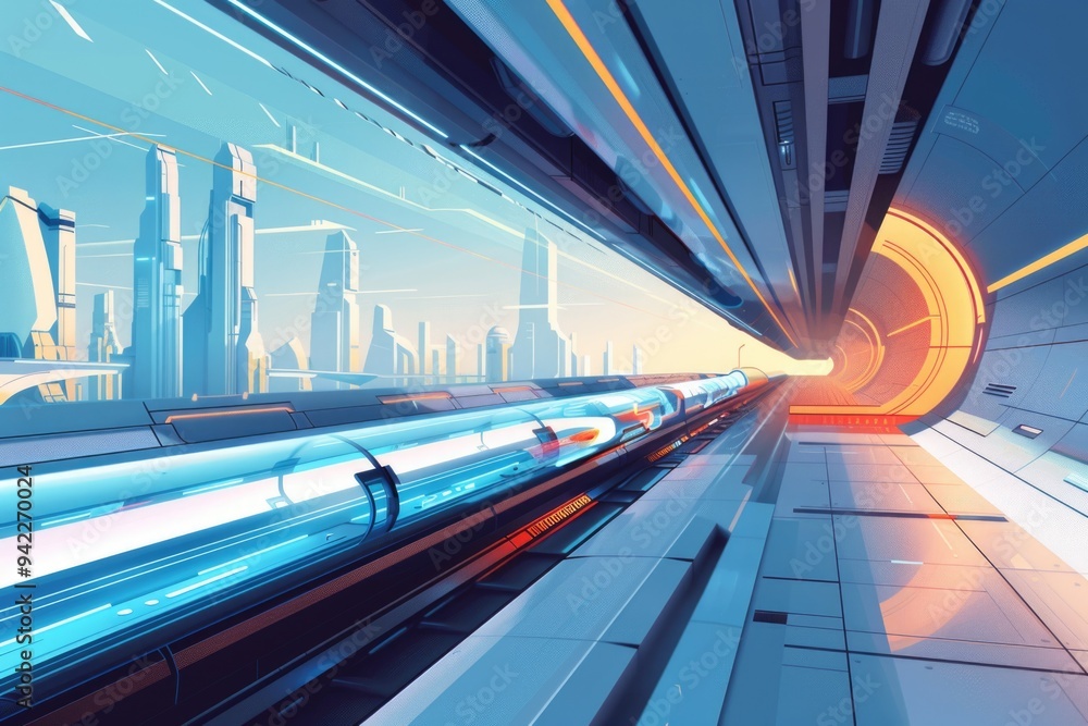 Poster A train passing through a tunnel with a cityscape visible in the distance