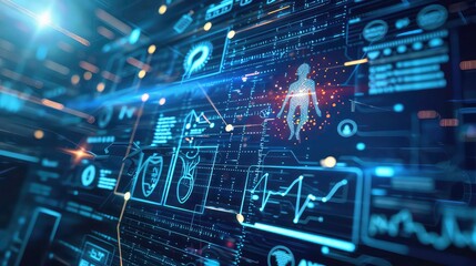 Futuristic digital interface with a human figure at the center, surrounded by data and charts.