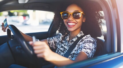 Smiling woman driving a car while wearing sunglasses.