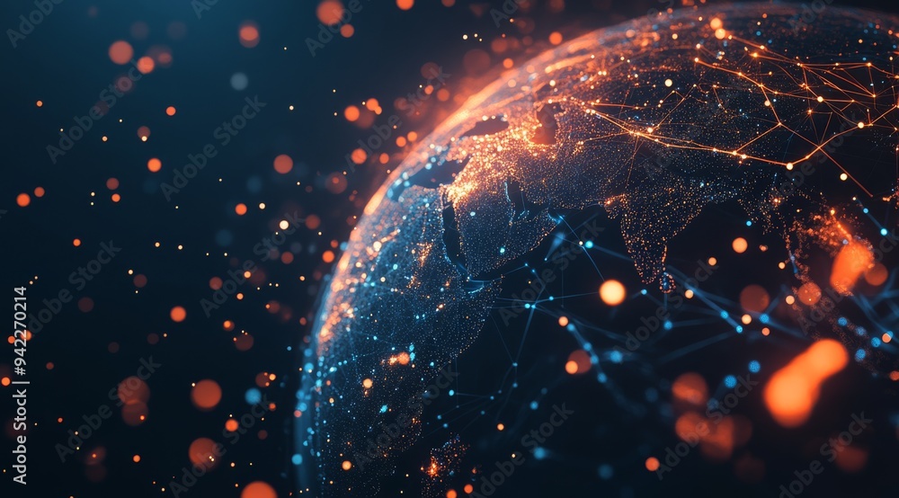Poster this is an abstract and artistic representation of a glowing digital globe, featuring intricate inte
