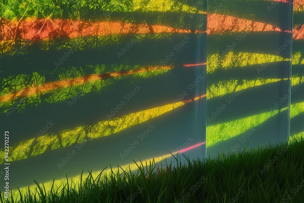 Poster dynamic leaf shadow projection on lucid film with vibrant light patterns and textured grass effects