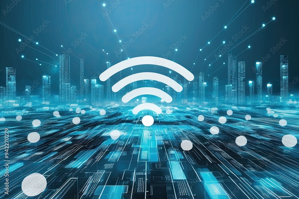 Poster contemporary abstract visualization of wifi networks and communication technology