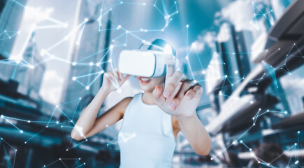 Female stand wear white VR headset and white sleeveless connect metaverse, future technology create...
