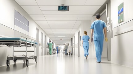 Obraz premium Nurses walking down a hospital hallway.