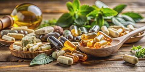 Close up of a variety of nutritional supplements on a wooden table, nutrition, vitamins, health, pills, capsules