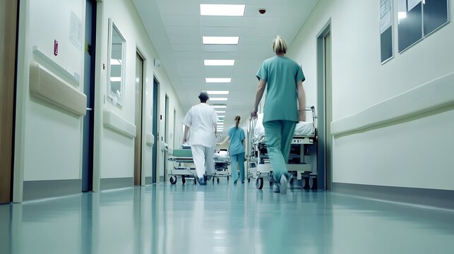 Medical professionals walk down a hospital hallway pushing gurneys.