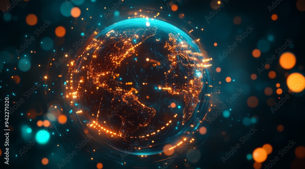 Poster a vibrant digital globe displays multicolored lights and data streams, symbolizing global connectivi