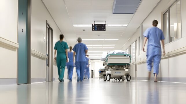 Medical professionals in scrubs walk down a hospital hallway, carrying out their daily duties.