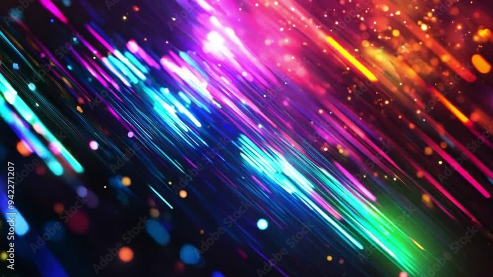 Poster bright streaks of colored light create dynamic patterns against a dark backdrop, evoking a sense of 